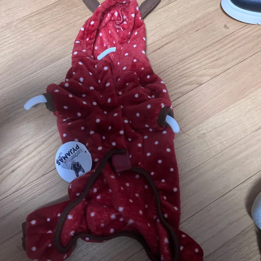NWT Red Polka Dot Dog Onesie with antlers pajamas sz Small S